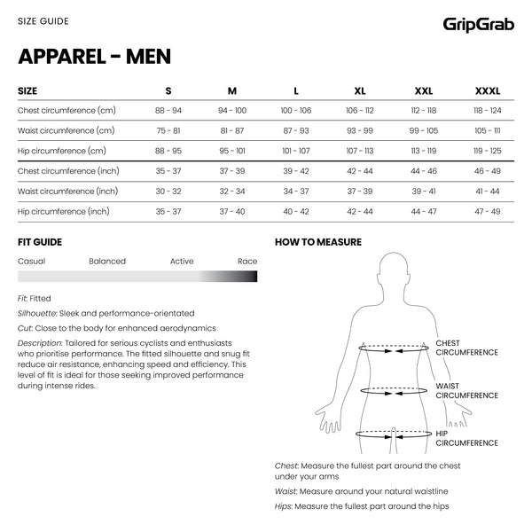 GripGrab Apparel Size Guide Men