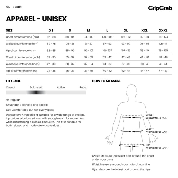 GripGrab Apparel Size Guide Shorts